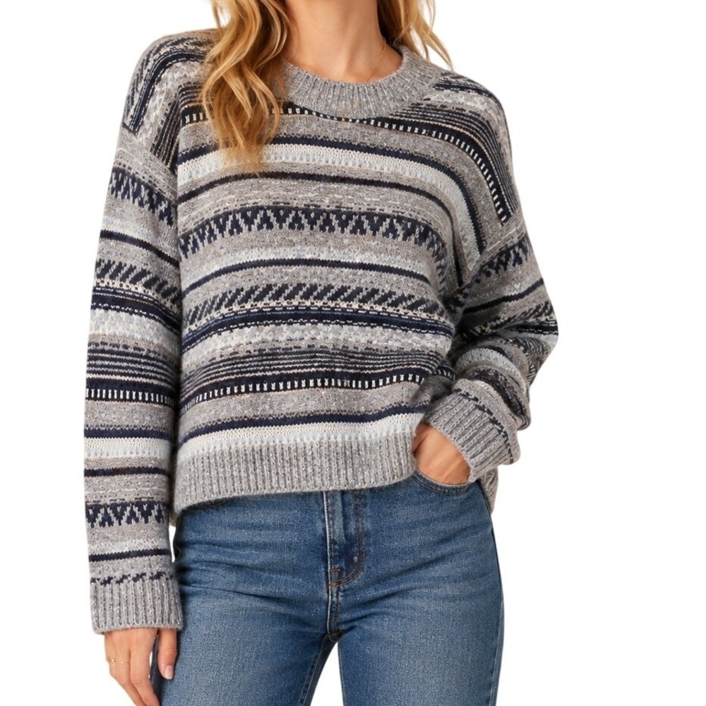 Altar'd State Grey Navy Striped Fair Isle Knit Crewneck Women's Small NWT